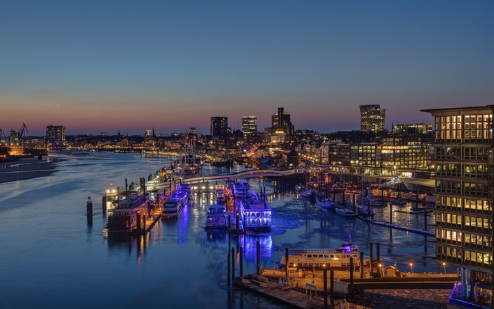 Hamburg, gece, nehir, şehir, Şehir ışıkları, tekneler, gemiler, Almanya