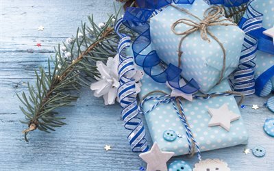 Christmas, blue gift box, New Year, ribbon, decoration, Merry Christmas
