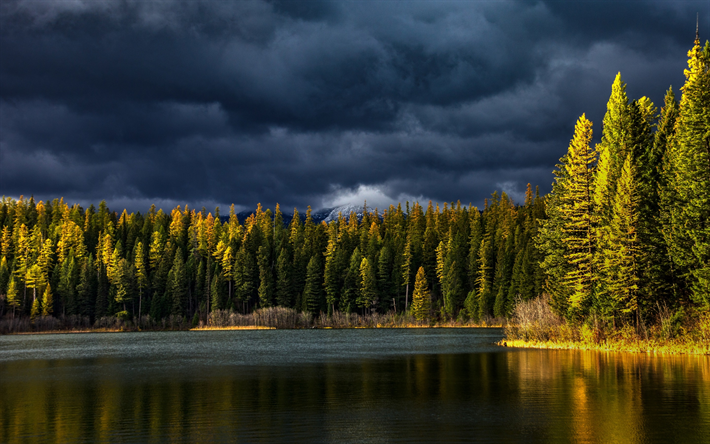 秋, 夕日, 森林, 山の風景, 湖, カナダ