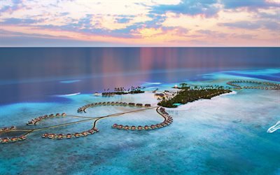 Maldives, ocean, tropical islands, luxury hotel, bungalow, evening, sunset, skyline