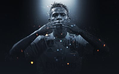 Mariano, 4k, creative art, Real Madrid, Spanish footballer, lighting effects, gray background, portrait, La Liga, Spain, football players, Mariano Diaz Mejia
