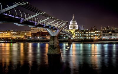 Millennium Bridge, night, London Millenium Footbridge, River Thames, english landmarks, London, England, UK