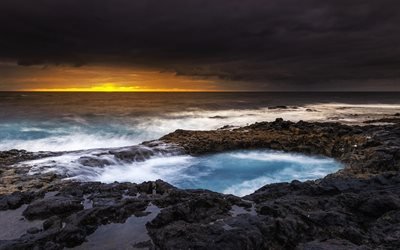 coast, sunset, evening, rocks, seascape, storm, waves