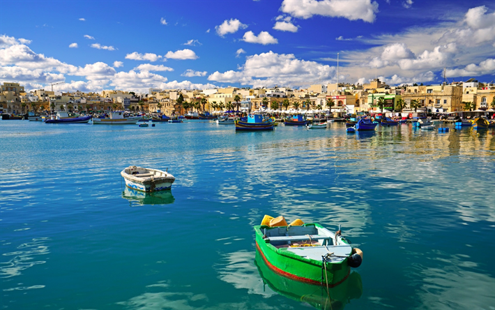 Malta, porto, ver&#227;o, Mar Mediterr&#226;neo, bay, barcos, iates