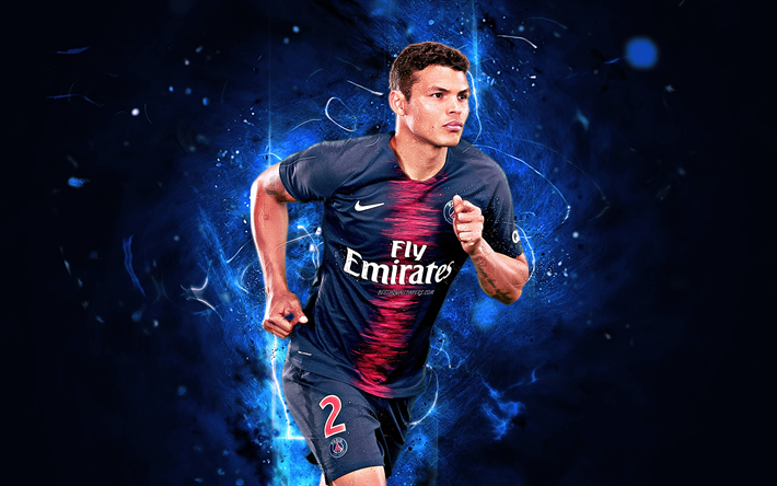 Thiago Silva, brazilian footballers, PSG FC, defender, Ligue 1, Paris Saint-Germain, Silva, football, neon lights, soccer