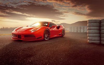Ferrari 488 GTB Novitec, 2018, red supercar, front view, tuning, race track, evening, sunset, Italian supercars, Ferrari