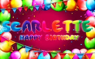 Happy Birthday Scarlette, 4k, cornice di palloncini colorati, nome Scarlette, sfondo viola, Scarlette Happy Birthday, Scarlette Birthday, nomi femminili americani popolari, Concetto di compleanno, Scarlette