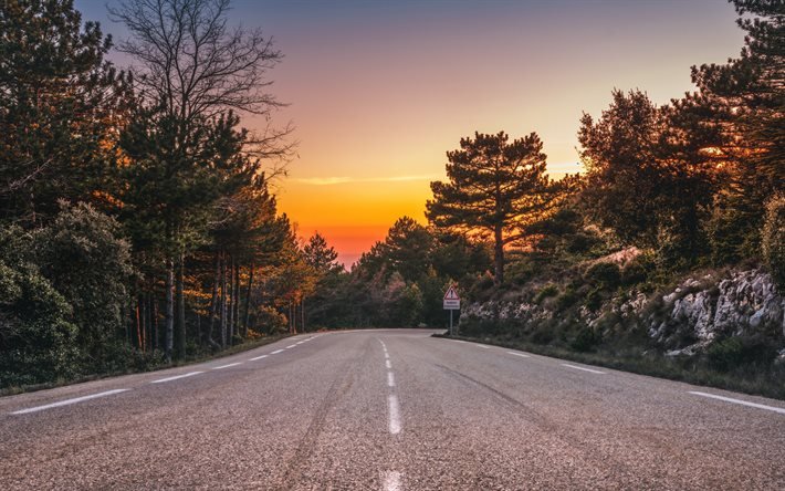 mountain road, evening, sunset, trees, USA, asphalt road, path concepts, travel concepts