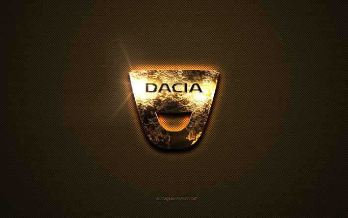 dacia goldenes logo, kunstwerk, brauner metallhintergrund, dacia-emblem, kreativ, dacia-logo, marken, dacia