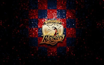 Sydney Roosters, glitter logo, NRL, red blue checkered background, rugby, australian rugby club, Sydney Roosters logo, mosaic art, National Rugby League
