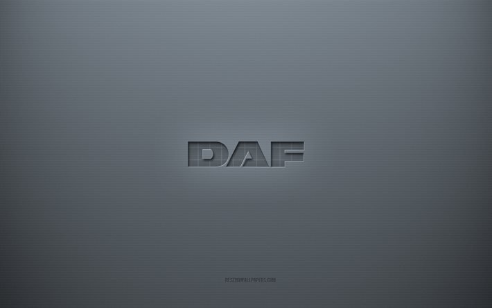 Logo DAF, sfondo grigio creativo, emblema DAF, trama di carta grigia, DAF, sfondo grigio, logo DAF 3d