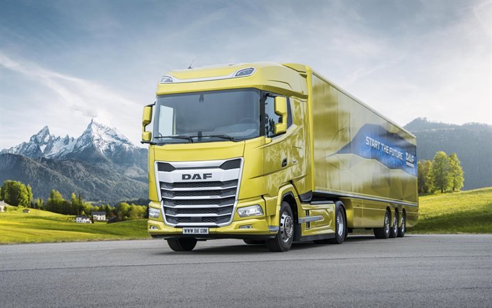 4k, DAF XF, 2021, camions neufs, camionnage, livraison de marchandises, nouveau DAF XF jaune, camions modernes, DAF