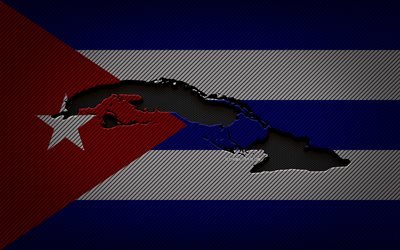 Cuba map, 4k, North American countries, Cuban flag, blue carbon background, Cuba map silhouette, Cuba flag, North America, Cuban map, Cuba, flag of Cuba