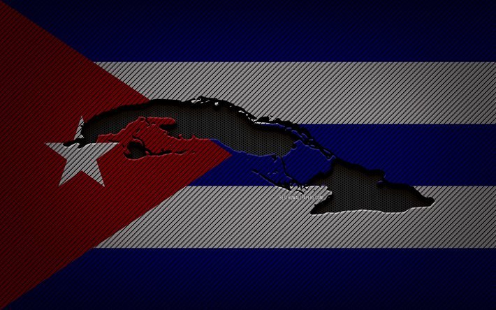 Mappa di Cuba, 4k, paesi del Nord America, bandiera cubana, sfondo blu carbonio, sagoma di mappa di Cuba, bandiera di Cuba, Nord America, mappa di Cuba, Cuba