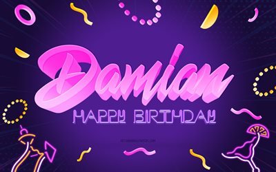 お誕生日おめでとうダミアン, 4k, 紫のパーティーの背景, ダミアン, クリエイティブアート, ダミアンお誕生日おめでとう, エマーソン名, ダミアンの誕生日, 誕生日パーティーの背景