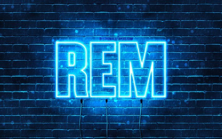 Feliz Cumplea&#241;os Rem, 4k, luces de ne&#243;n azules, Nombre Rem, creativo, Rem Feliz Cumplea&#241;os, Cumplea&#241;os Rem, nombres masculinos japoneses populares, imagen con nombre Rem, Rem