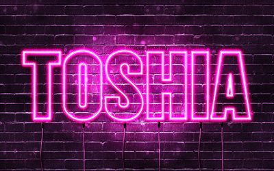 Feliz anivers&#225;rio, Toshia, 4k, luzes de n&#233;on rosa, nome Toshia, criativo, Toshia Feliz anivers&#225;rio, Toshia Birthday, nomes femininos japoneses populares, foto com o nome Toshia