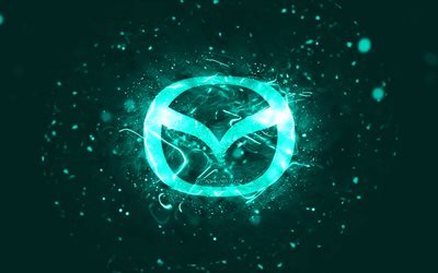 Mazda turquoise logo, 4k, turquoise neon lights, creative, turquoise abstract background, Mazda logo, cars brands, Mazda