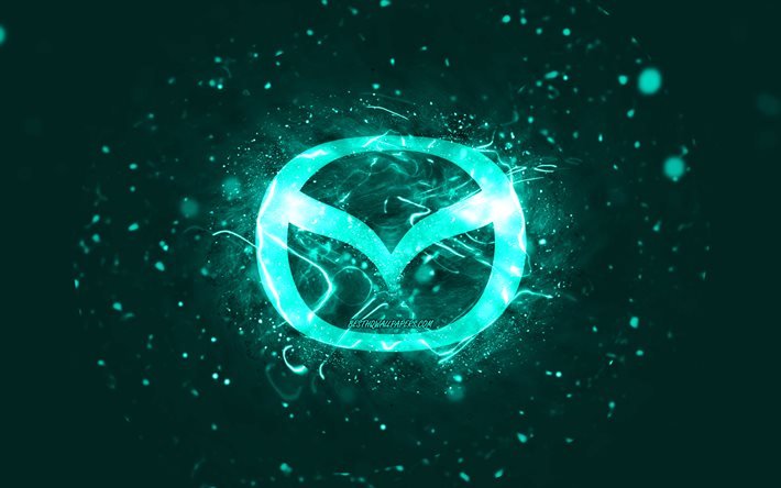 Mazda turchese logo, 4k, luci al neon turchesi, creativo, turchese sfondo astratto, logo Mazda, marche di automobili, Mazda