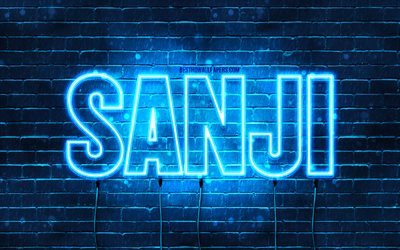 Joyeux anniversaire Sanji, 4k, n&#233;ons bleus, nom Sanji, cr&#233;atif, joyeux anniversaire Sanji, anniversaire Sanji, noms masculins japonais populaires, photo avec nom Sanji, Sanji