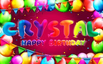 お誕生日おめでとうクリスタル, 4k, カラフルなバルーンフレーム, クリスタル名, 紫の背景, クリスタルお誕生日おめでとう, クリスタルバースデー, 人気のアメリカ人女性の名前, 誕生日のコンセプト, 風防