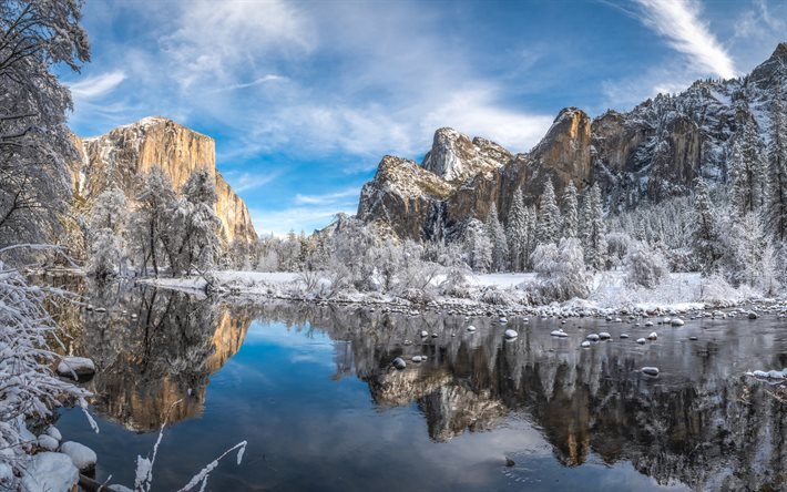 Merced-joki, talvi, Yosemiten laakso, vuoristomaisema, lumi, Sierra Nevada, Kalifornia, Yosemiten kansallispuisto, USA