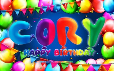 Buon compleanno Cory, 4k, cornice di palloncini colorati, nome Cory, sfondo blu, buon compleanno Cory, compleanno Cory, nomi maschili americani popolari, concetto di compleanno, Cory