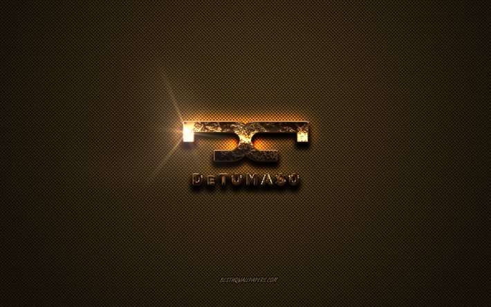 De Tomaso altın logosu, sanat eseri, kahverengi metal arka plan, De Tomaso amblemi, yaratıcı, De Tomaso logosu, markalar, De Tomaso