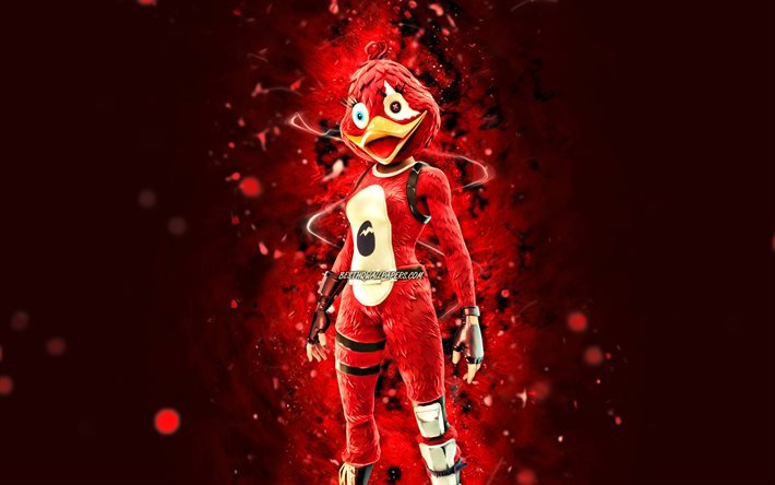 Red Quackling, 4k, luzes de n&#233;on vermelhas, Fortnite Battle Royale, personagens Fortnite, Red Quackling Skin, Fortnite, Red Quackling Fortnite