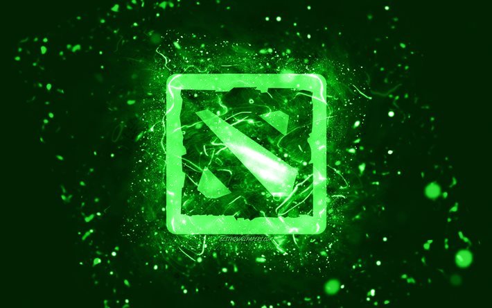 Logo vert Dota 2, 4k, n&#233;ons verts, cr&#233;atif, fond abstrait vert, logo Dota 2, jeux en ligne, Dota 2