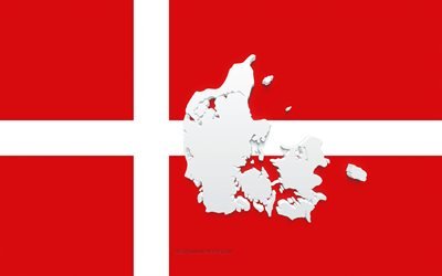 Silhouette de carte du Danemark, drapeau du Danemark, silhouette sur le drapeau, Danemark, silhouette de carte du Danemark 3d, carte 3d du Danemark