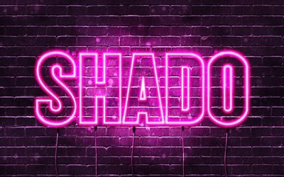 Happy Birthday Shado, 4k, pink neon lights, Shado name, creative, Shado Happy Birthday, Shado Birthday, popular japanese female names, picture with Shado name, Shado