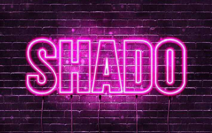 Buon Compleanno Shado, 4k, luci al neon rosa, nome Shado, creativo, Compleanno Shado, nomi femminili giapponesi popolari, foto con nome Shado, Shado