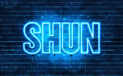 Feliz Anivers&#225;rio Shun, 4k, luzes n&#233;on azuis, Nome do Shun, criativo, Shun Feliz Anivers&#225;rio, Anivers&#225;rio De Shun, nomes populares de homens japoneses, imagem com nome Shun, Evitar