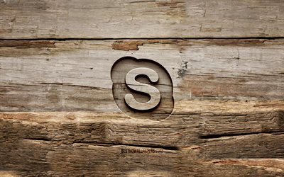 Logotipo do Skype em madeira, 4K, planos de fundo em madeira, redes sociais, logotipo do Skype, criativo, escultura em madeira, Skype