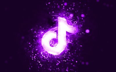 TikTok violet logo, 4k, violet neon lights, creative, violet abstract background, TikTok logo, social network, TikTok
