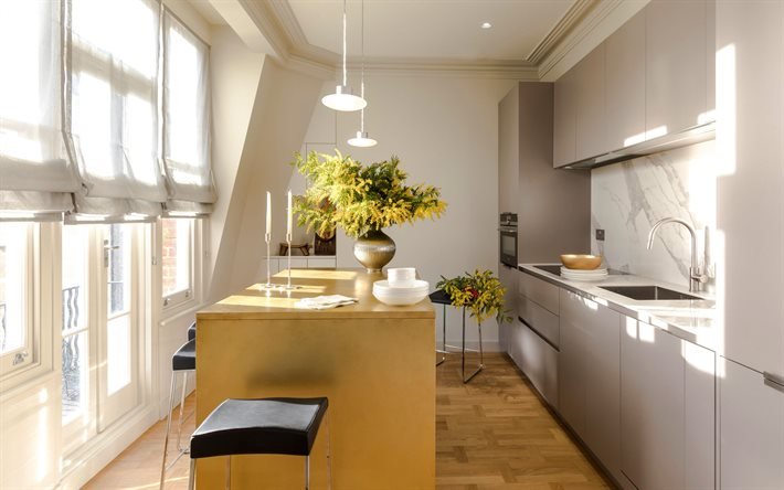 interior de cozinha com design elegante, interior moderno, cozinha, m&#243;veis cinza na cozinha, ideia para a cozinha