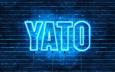 Happy Birthday Yato, 4k, blue neon lights, Yato name, creative, Yato Happy Birthday, Yato Birthday, popular japanese male names, picture with Yato name, Yato