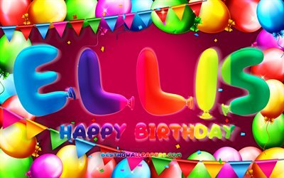 Happy Birthday Ellis, 4k, colorful balloon frame, Ellis name, purple background, Ellis Happy Birthday, Ellis Birthday, popular american female names, Birthday concept, Ellis