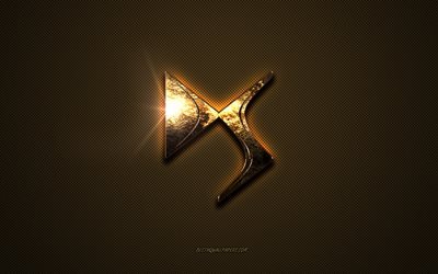 DS golden logo, artwork, brown metal background, DS emblem, creative, DS logo, brands, DS