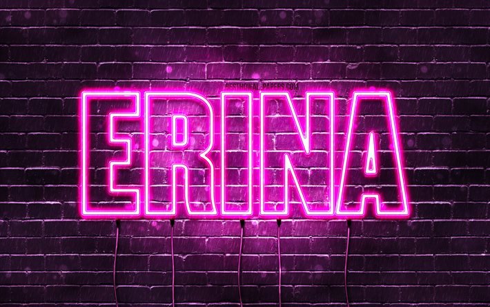 Joyeux anniversaire Erina, 4k, n&#233;ons roses, nom Erina, cr&#233;atif, Erina Joyeux anniversaire, Anniversaire Erina, noms f&#233;minins japonais populaires, image avec le nom Erina, Erina