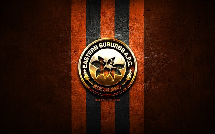 Eastern Suburbs FC, golden logo, New Zealand Football Championship, orange metal background, New Zealand soccer club, Eastern Suburbs logo, soccer, Eastern Suburbs AFC
