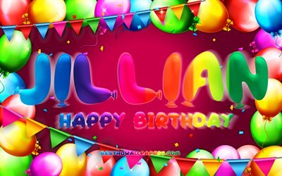 Joyeux anniversaire Jillian, 4k, cadre de ballon coloré, nom Jillian, fond violet, joyeux anniversaire Jillian, anniversaire Jillian, noms féminins américains populaires, concept d'anniversaire, Jillian