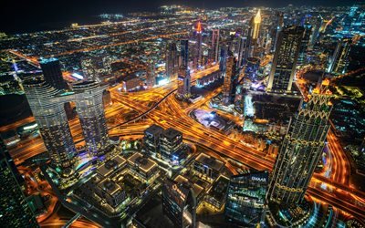 Dubai, UAE, night, road junction, skyscrapers, Dubai panorama, Dubai cityscape, United Arab Emirates