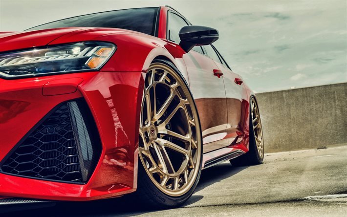 4k, Audi RS6 Avant, 2021, front view, exterior, gold wheels, new red RS6 Avant, tuning RS6 Avant, German cars, Audi