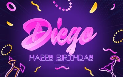 お誕生日おめでとうディエゴ, 4k, 紫のパーティーの背景, ディエゴ, クリエイティブアート, ディエゴお誕生日おめでとう, エマーソン名, ディエゴの誕生日, 誕生日パーティーの背景