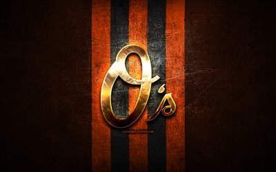 Emblema de los Baltimore Orioles, MLB, emblema dorado, fondo de metal naranja, equipo de b&#233;isbol americano, Major League Baseball, b&#233;isbol, Baltimore Orioles