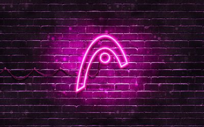 頭の紫色のロゴ, 4k, 紫のレンガの壁, 頭のロゴ, お, ヘッドネオンロゴ, 頭部