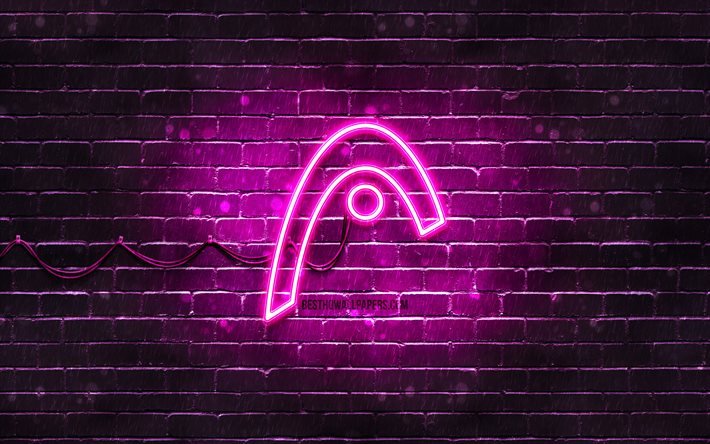 Logotipo da cabe&#231;a roxa, 4k, parede de tijolos roxa, logotipo da cabe&#231;a, marcas, logotipo da cabe&#231;a neon, cabe&#231;a