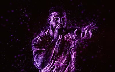 Drake, purple glitter art, black background, American rapper, Drake art, Aubrey Drake Graham